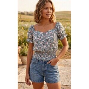 Monteau Los Angeles Womens Medium M Floral Smocked Waist Top Cottagecore Blouse